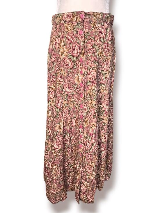 Vintage Dresses & Skirts - Vintage Floral Flowing Midi Skirt Pink Rose Print Button Front Cottage  Romantic